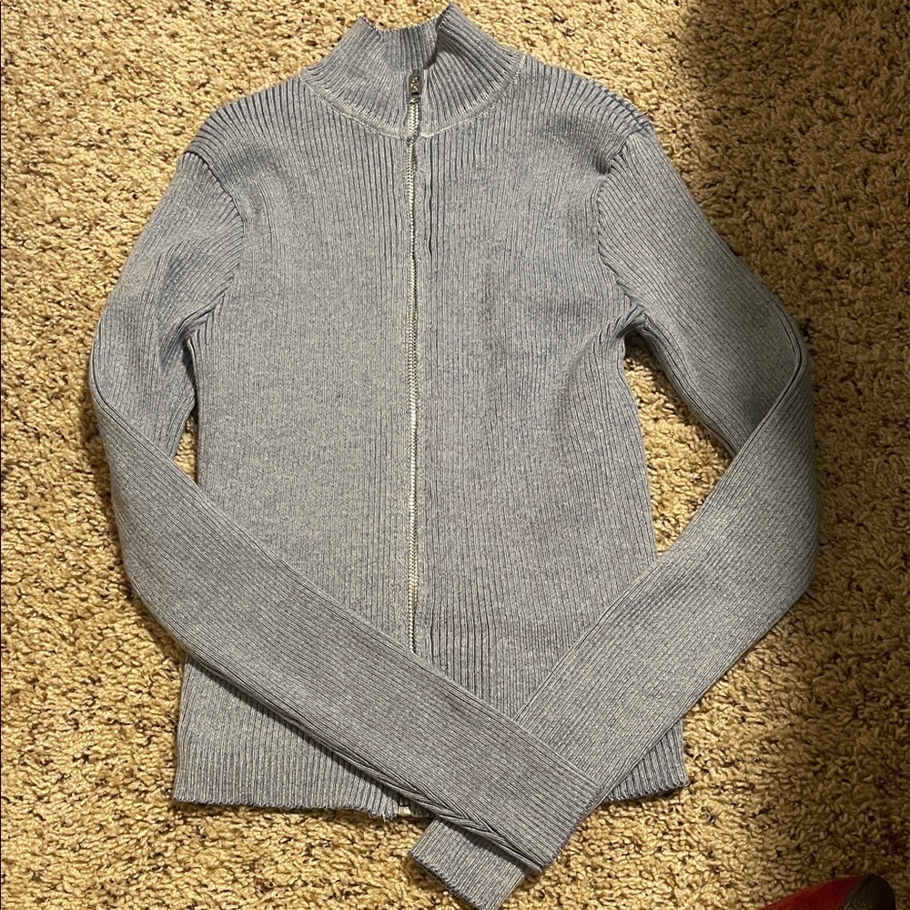 Gray Ribbed Zip-Up Sweater